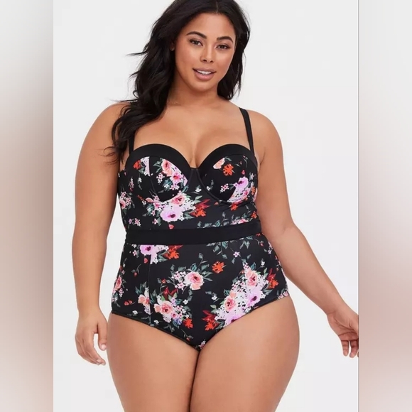 Torrid Sz 3 Slim Fix Underwire Push-Up One Piece Swimsuit 3x BLACK pink Floral - Picture 1 of 7